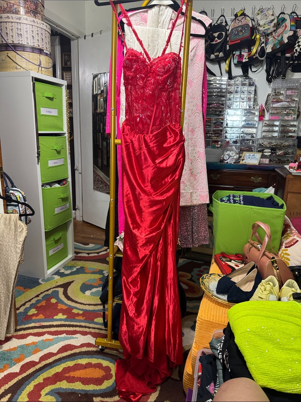 Red Lace Bustier Satin Prom Dress with Ruched Skirt-make me an offer!